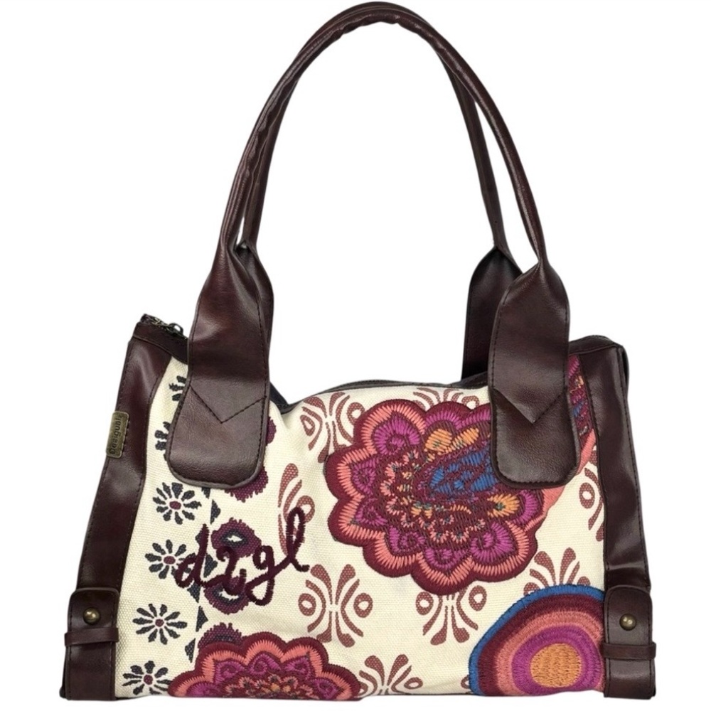 Desigual Embroidered Floral Pattern Faux Leather Trim Double Handle Shoulder Bag - Picture 14 of 14
